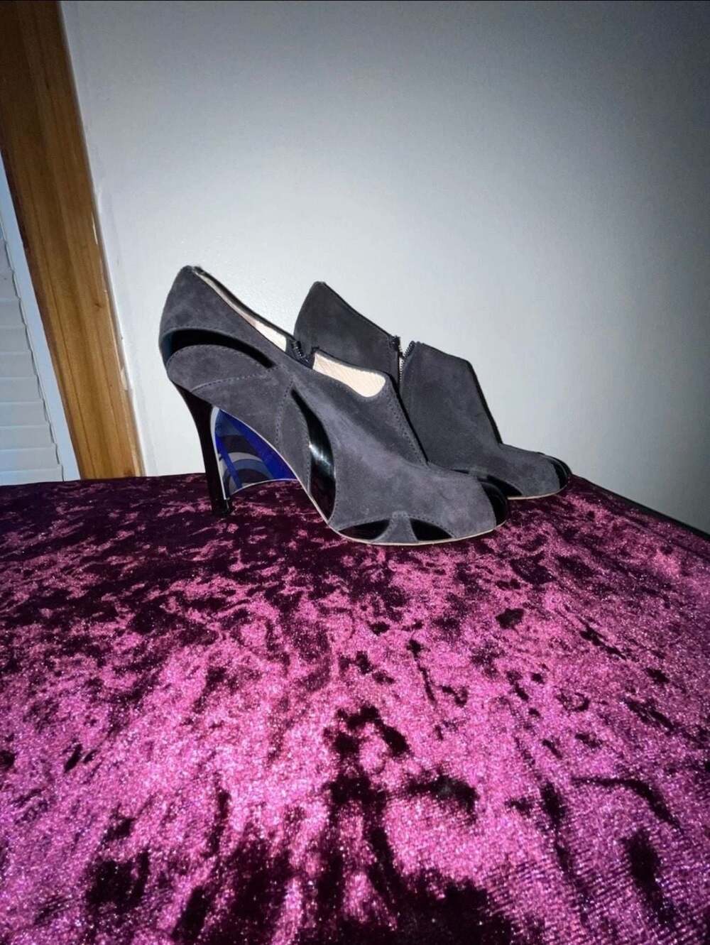 Emilio Pucci Navy Blue Suede and Patent Leather Cutout High Heel Booties
